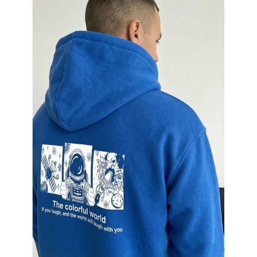 Erkek Kapüşonlu Oversize Üç İplik Pamuklu Astronot Temalı Renkli Dünya Baskılı - Saks Mavisi