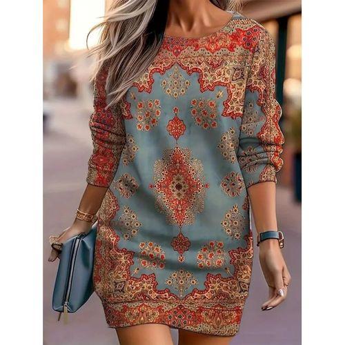 Kadın Uzun Kollu Yuvarlak Yaka Desenli Mini Modal Elbise