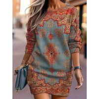 Kadın Uzun Kollu Yuvarlak Yaka Desenli Mini Modal Elbise