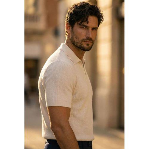 Jeff Selanik Örgü Polo Yaka Yarım Fermuarlı İnce Triko Erkek T-Shirt - Bej