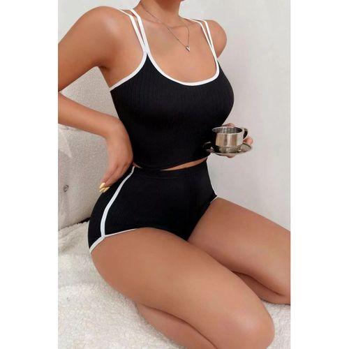 Kadın Siyah Beyaz Çapraz Lastik Detaylı Kaşkorse Şortlu Gecelik Takımı