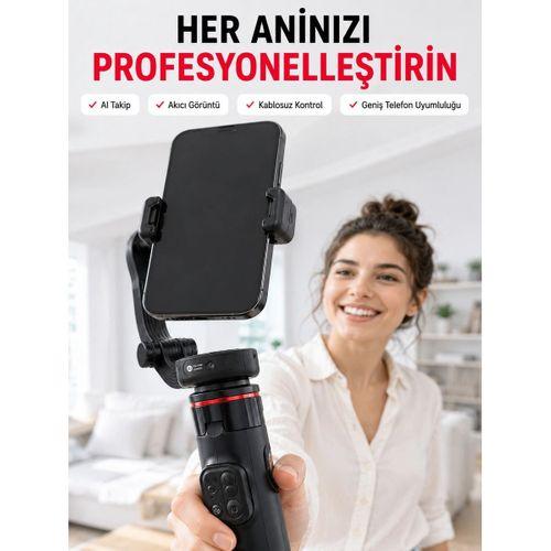 360° Aı Akıllı Takipli Selfie Stick Gimbal Stabilizatör Bluetooth Kumandalı Uzayabilir Telefon Tripodu