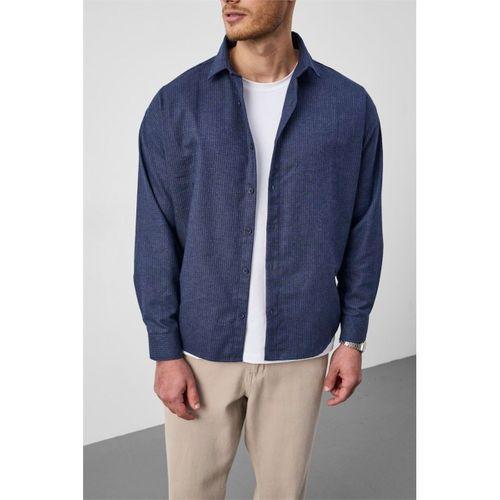 Pixel Relaxed Fit Pamuklu Mikro Çizgili Flanel Erkek Gömlek - Lacivert