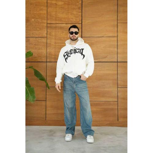 Erkek Kapüşonlu Sweatshirt Hoodie 3 İplik Şardonlu Pamuklu Kumaş, Önü Baskılı, Fermuarlı Rahat Kalıp, Kışlık Ve Sokak Stili Sweat - Beyaz