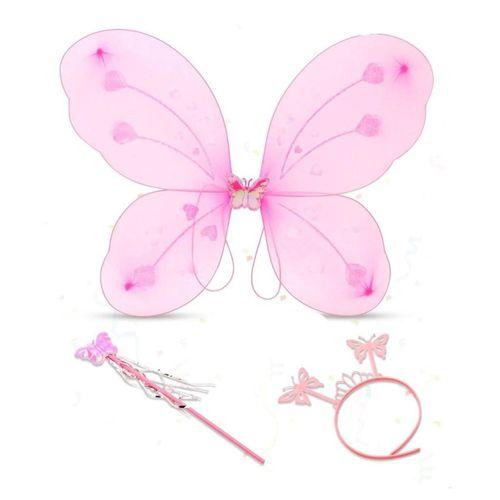 Toz Pembe Kelebek Kanadı Tacı ve Sopası Çocuklar İçin Parti Aksesuarı 50x37 cm