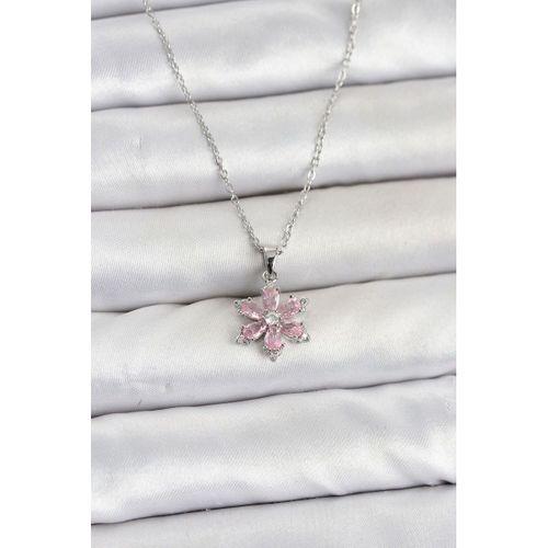316L Çelik Zincir Gümüş Renk Pembe Zirkon Taşlı Lotus Model Kadın Kolye