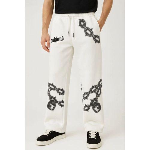 Erkek Üç İplik Pamuklu Baskılı Cepli Jogger Buggy Pantalon Oversize Kalıp - Beyaz