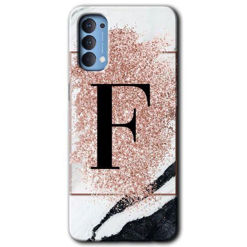Oppo Reno 4 Kılıf Baskılı Kapak - Pembe Mermer Desenli F Harfi + 5D Tam Kaplayan Cam
