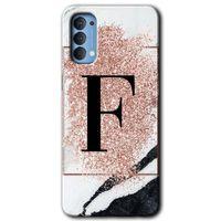 Oppo Reno 4 Kılıf Baskılı Kapak - Pembe Mermer Desenli F Harfi + 5D Tam Kaplayan Cam