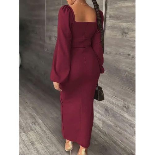 Kadın Uzun Kollu Geometrik Yakalı Yandan Yırtmaçlı Uzun Janjan Krep Elbise