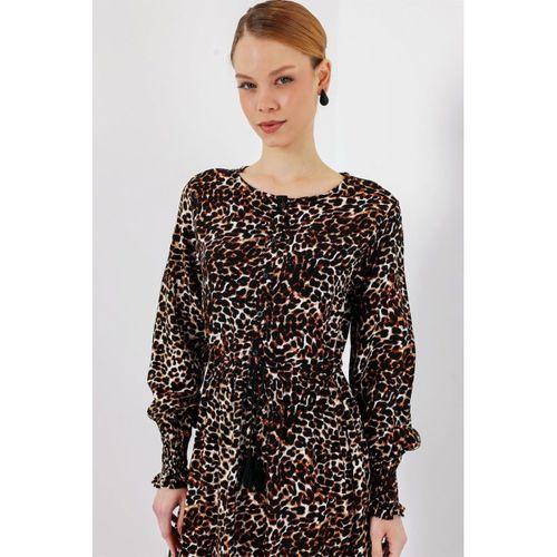 2145 Desenli Tesettür Elbise - C. Kahverengi