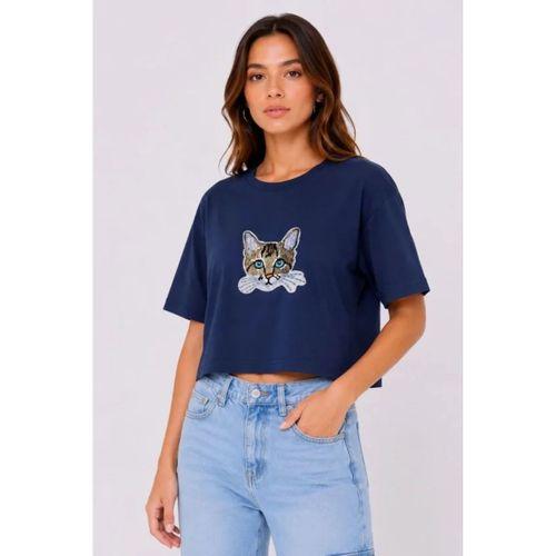 Kedi Baskılı Oversize Crop Tişört Salaş Basic Yarım Kol T-shirt - Lacivert