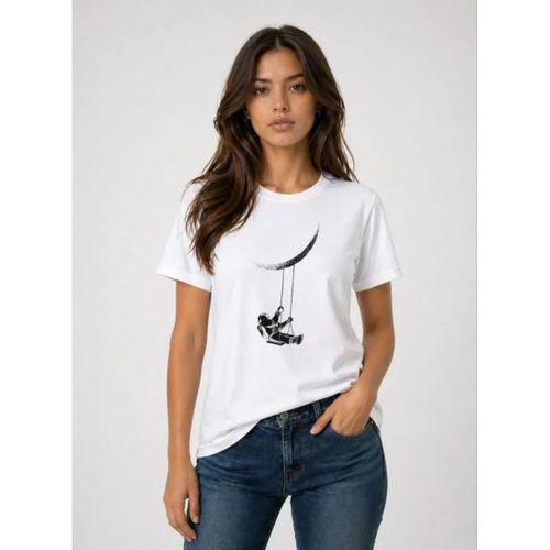 Astronot Ay Temalı Tişört Kısa Kol Yazlık Bisiklet Yaka T-Shirt - Beyaz