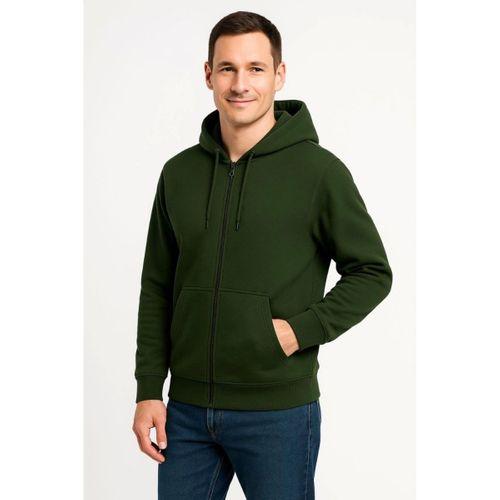 Erkek Üç İplik Kapüşonlu Tam Fermuarlı Kanguru Çepli SweatShirt Hoodie - Haki
