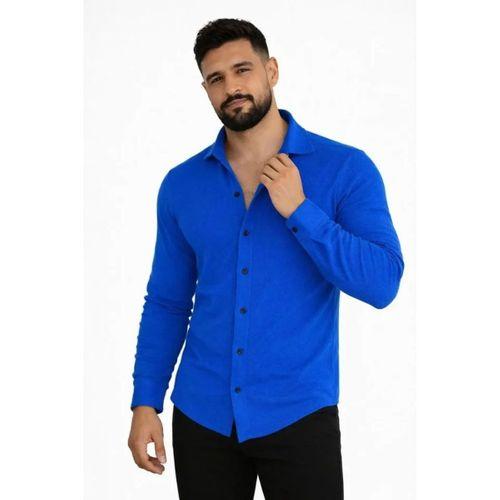 Erkek Waffle Kumaş Uzun Kollu Düğmeli Açık Yaka Regular Fit Gömlek - Saks Mavisi