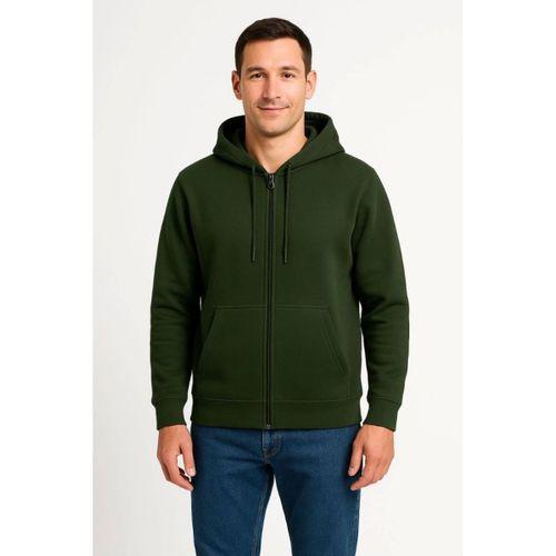 Erkek Üç İplik Kapüşonlu Tam Fermuarlı Kanguru Çepli SweatShirt Hoodie - Haki