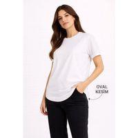 Basic T-Shirt Kısa Kol Bisiklet Yaka Oval Kesim Tişört - Beyaz