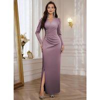 Kadın Uzun Kollu Kruvaze Yakalı Yanları Taşlı Yırtmaçlı Uzun Ithal Krep Elbise