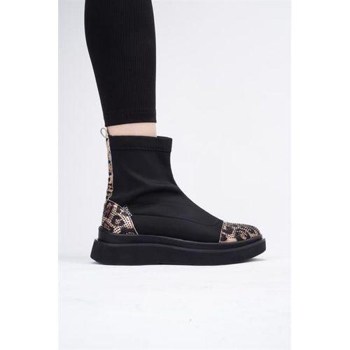 Afron Siyah Renkli Leopar Deri Detaylı Taşlı Kışlık Kadın Bot