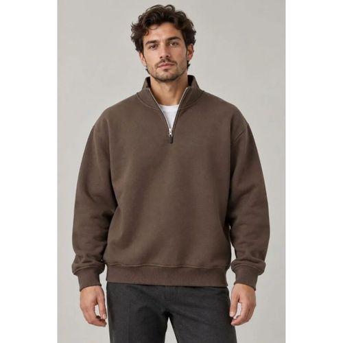 Erkek Üç İplik İçi Şardonlu Dik Yaka Yarım Fermuarlı Kışlık Sweatshirt - Kahverengi