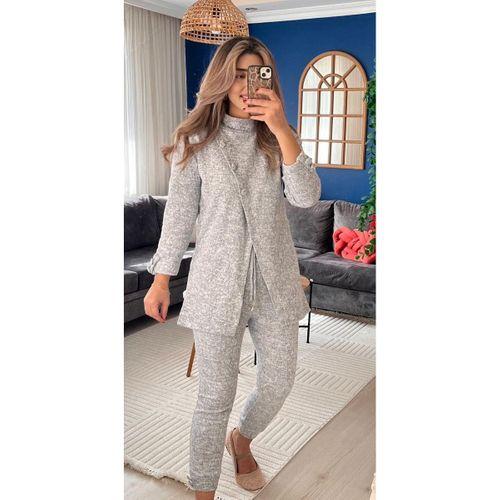 Kadın Uzun Kollu Balıkçı Yaka önden Düğmeli Bluz Ve Pantolon Yumoş Ikili Takım