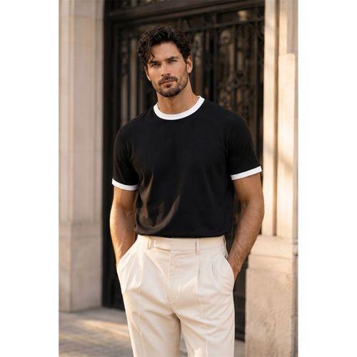 Capra Yaka Kol Biyeli Basic Pamuk Likralı İki İplik Erkek T-Shirt - Siyah