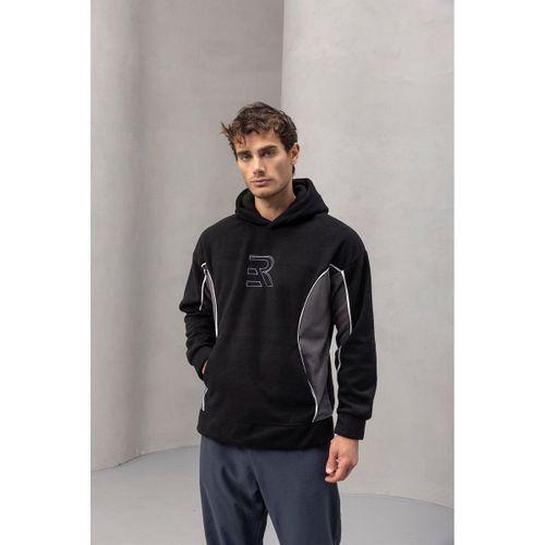 Frank Parçalı Kontrast Desenli Kapüşonlu Oversize Cepli Polar Erkek Sweatshirt - Siyah