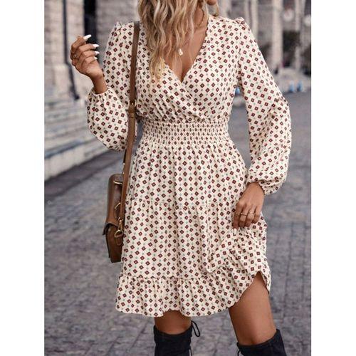 Kadın Uzun Kollu Kruvaze Yaka Desenli Mini Modal Elbise