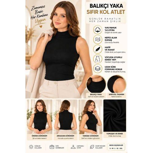 Kadın Balıkçı Yaka Sıfır Kol Atlet Siyah, Esnek Kumaş, Vücuda Oturan Basic Kolsuz Body - ryl - 2614