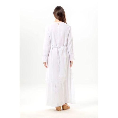 Uzun Kol Aysu Nakışlı Bisiklet Yaka Şile Bezi Yazlık Uzun Elbise Beyaz Byz