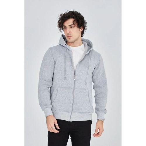 Erkek Kapüşonlu Düz Fermuarlı Hırka - Gri