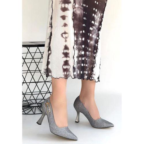 Cerin Gümüş Saten Simli Topuklu Ayakkabı