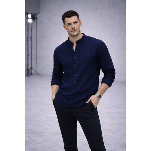 Hafif ve Nefes Alabilir Erkek Müslin Yarım Pat Hakim Yaka Oversize Gömlek - Lacivert