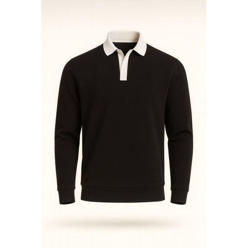 Polo Yaka Selanik Örme Kumaş Erkek Sweatshirt - Siyah