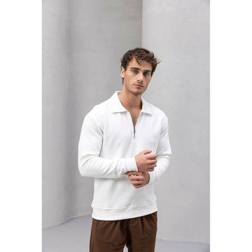 Eric Relax Fit Yarım Fermuarlı Polo Yaka Selanik Kumaş Erkek Sweatshirt - Ekru