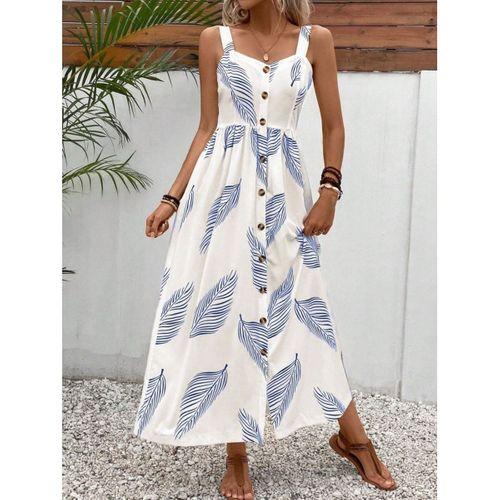 Kadın Askılı önden Düğmeli Yaprak Desenli Uzun Süprem Elbise