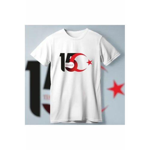 15 Temmuz Demokrasi Ve Milli Birlik Günü Ay Yıldız Baskılı T-shirt - Beyaz