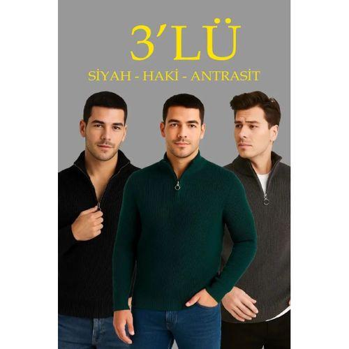 Erkek Fitilli Triko Kazak 3’lü Set – Haki, Siyah, Antrasit Kalın Dokuma Pamuklu Regular Fit V Yaka Fermuarlı Uzun Kollu Rahat Kışlık Kazak Kombini