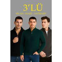 Erkek Fitilli Triko Kazak 3’lü Set – Haki, Siyah, Antrasit Kalın Dokuma Pamuklu Regular Fit V Yaka Fermuarlı Uzun Kollu Rahat Kışlık Kazak Kombini