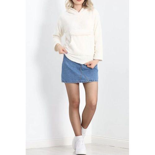 pilelistore Kanguru Cep Kapşonlu Peluş Sweat Ekru