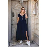 Kadın Kısa Kollu Yuvarlak Yaka önden Yırtmaçlı Cepli Viskon Uzun Elbise