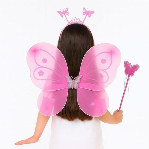 Toz Pembe Kelebek Kanadı Tacı ve Sopası Çocuklar İçin Parti Aksesuarı 50x37 cm