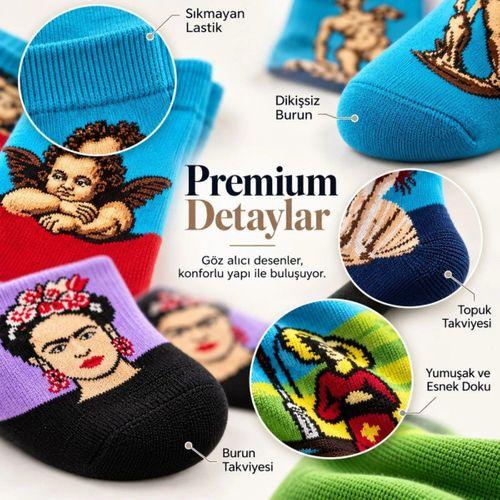 Unisex Çorap Sanat Temalı Renkli 7'li Set Portre Tablo Desenli Uzun Soket Günlük Eğlenceli Çorap Şık