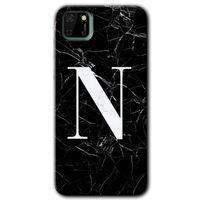 Potkal Hediye Fabrikası Huawei Y5P Kılıf HD Desen Baskılı Arka Kapak - Siyah Mermer Desenli N Harfi