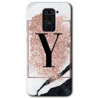 MRCİLETİSİM Xiaomi Redmi Note 9 Kılıf HD Desen Baskılı Arka Kapak + Temperli Cam - Pembe Mermer Desenli Y Harfi