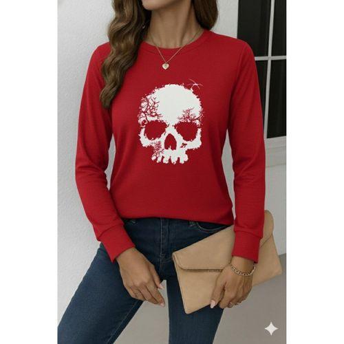 Kadın Uzun Kollu Bisiklet Yaka Kurukafa Desenli Viskon Bluz