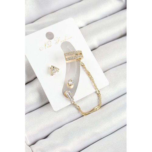 Pirinç Üçgen Figürlü Zirkon Taşlı Gold Renk 3'lü Kıkırdak Kadın Küpe Set