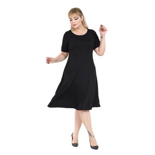 Melsay Butik Siyah Taş Baskılı Çapraz Cepli Kısa Kol Midi Elbise