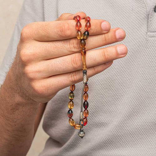 Gümüş Top Kazaz Püsküllü Sıkma Kehribar Tesbih