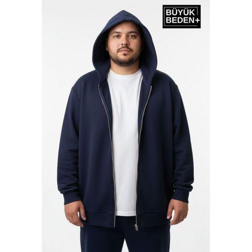 Erkek Büyük Beden Fermuarlı Kapüşonlu Sweatshirt Hırka - Rahat Kalıp SPR26BHR960